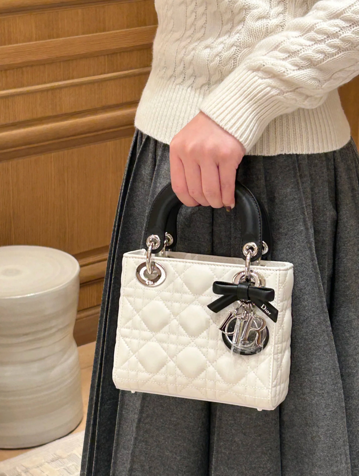 dior lady dior mini cannage quilted bow detail top handle bag